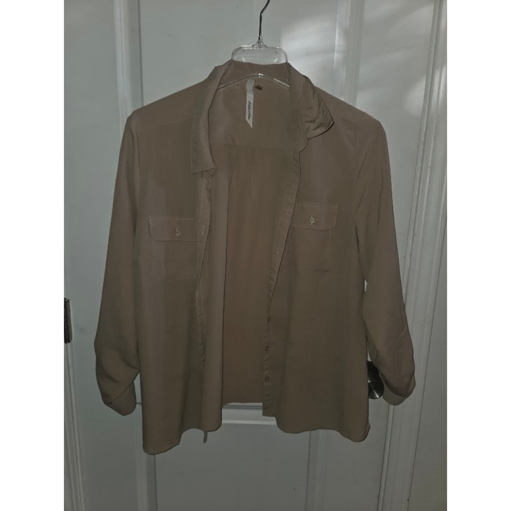 NY Collection Tan Button Down Roll Tab Sleeve Blouse XL Pocket Utility Shirt